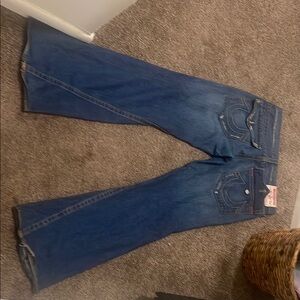True Religion Blue Straight Jeans with Distressed Details